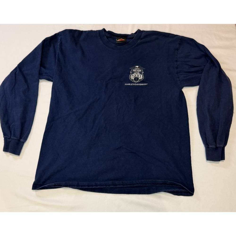 Harley Davidson Police Motorcycles Men's LG Blue Navy Long Sleeve Graphic